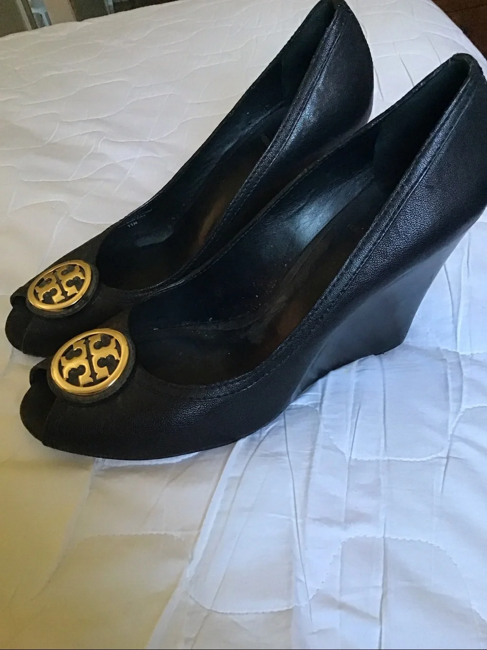 Tory Burch Black Peep-Toe Flats with Gold Logo